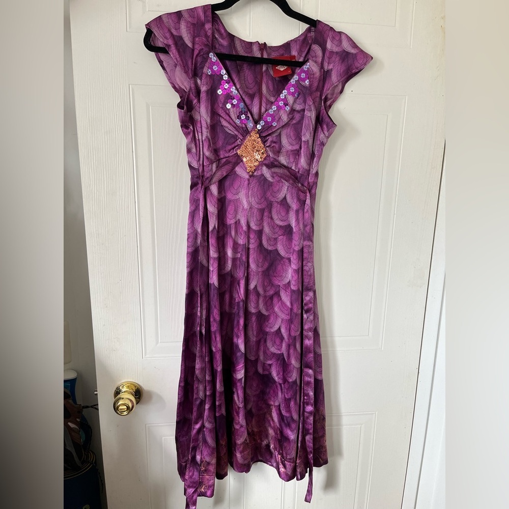 Oilily Purple Purple 100 % Silk Printed V-neck Sequins Midi Dress small/36